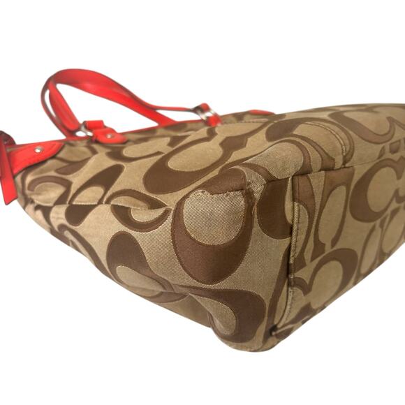 Coach Daisy Outline Signature Emma Tote Bag Khaki Orange Red Leather F24066 - Picture 9 of 13